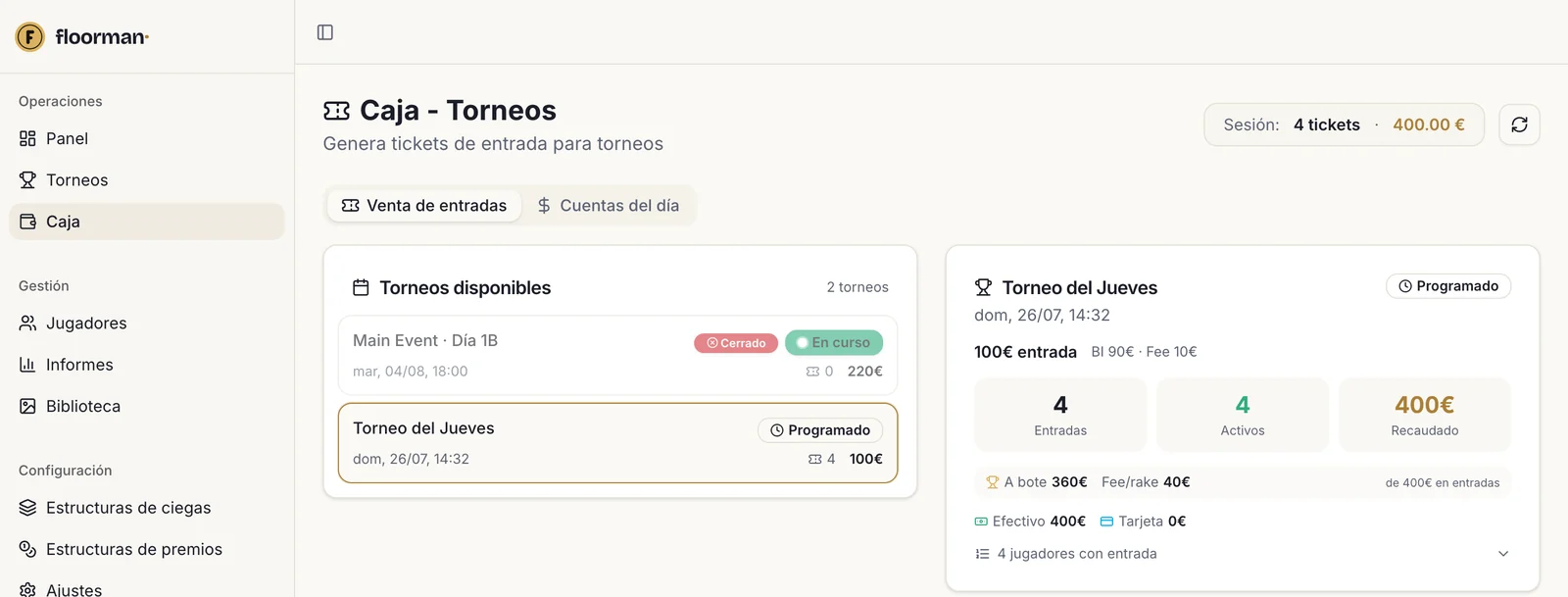Caja del torneo: entradas vendidas, recaudado, desglose entre bote y comisión, reparto entre efectivo y tarjeta, y el resumen de la sesión del cajero.