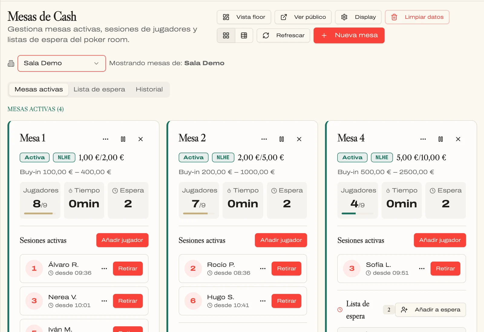 Mesas de cash activas con su juego y sus ciegas, buy-in mínimo y máximo, ocupación de asientos, tiempo de mesa y las sesiones de jugador abiertas en cada una.
