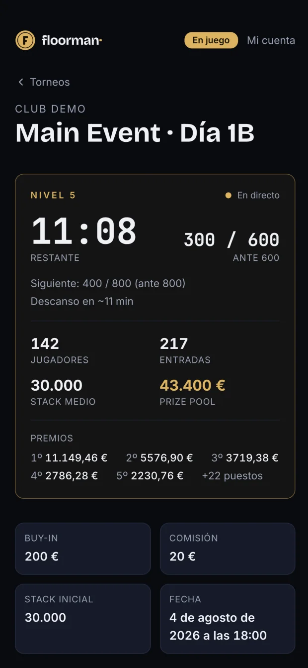 Vista del torneo en el móvil del jugador: nivel en directo, ciegas, jugadores, entradas, bote y los primeros premios.